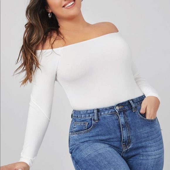 Tops - PLUS off the shoulder long sleeve bodysuit white